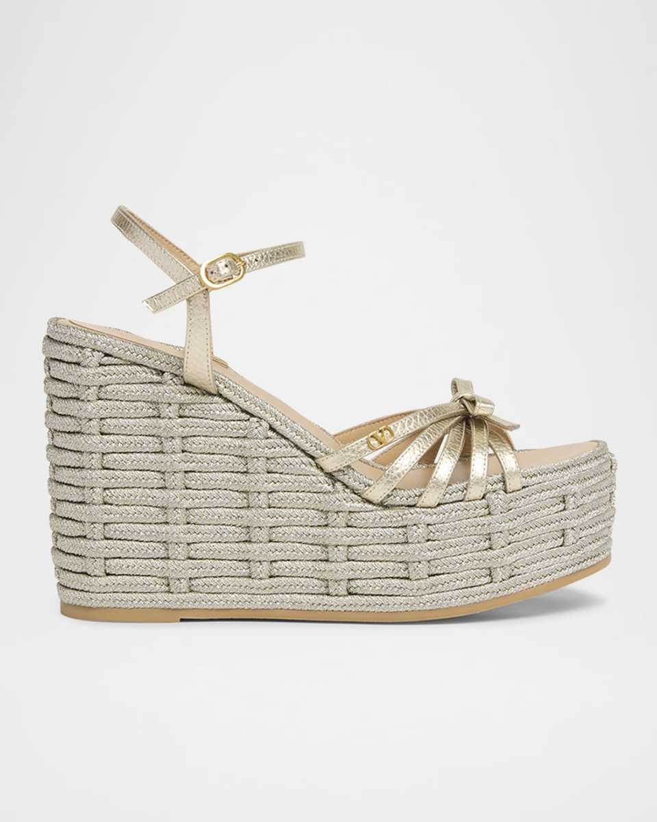 Metallic Bow Ankle-Strap Wedge Espadrilles